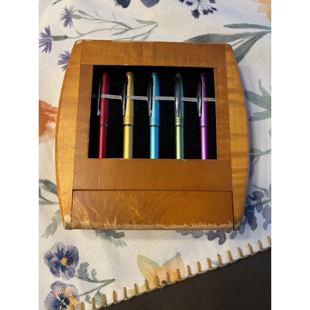 Wood Pen Display Case Holder With Five Ballpoint Pens Included.
